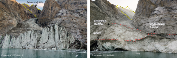 Le glacier avant et après le glissement de terrain. ©Søren Rysgaard/Danish Army