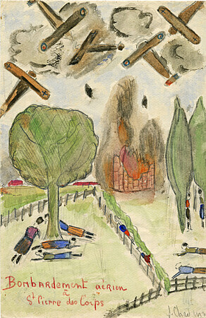 Bombardement aérien à Saint-Pierre-des-Corps dessin d'enfant, 1940. © Musée national de l'éducation (Munaé). Numéro d'inventaire : 1979.09324.61