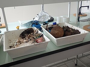 Bilan de la récolte de plastiques et de terre des abords de la Bruche, salle de travaux pratiques de l'École supérieure de biotechnologie de Strasbourg (ESBS). ©Anne Pallarès