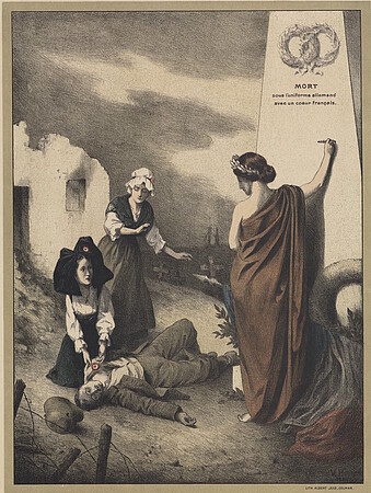 Reproduction du dessin de Victor Huen, "Mort sous l'uniforme allemand avec un cœur français". ©coll. BNUS