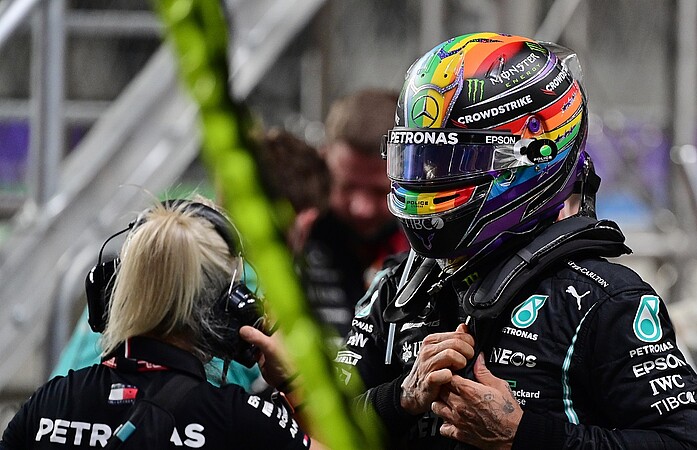 Lewis Hamilton de Mercedes vu lors du Grand Prix de Formule 1 d'Arabie Saoudite, le 5 décembre 2021. ©Andrej Isakovic/Reuters