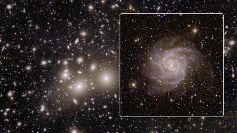 Vue de l’amas de galaxies de Persée par le télescope Euclid, et gros plan sur la galaxie spirale IC 342. © ESA/Euclid/Euclid Consortium/NASA, image processing by J.-C. Cuillandre (CEA Paris-Saclay), G. Anselmi