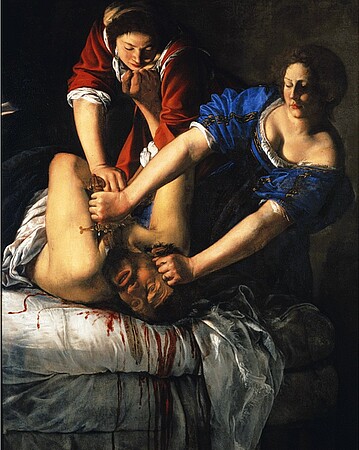 Les motifs récurrents de représentation du sang sont étudiés dans les séminaires préparatoires au colloque : ici le sang sur un drap blanc dans le tableau « Judith décapitant Holopherne » d'Artemisia Gentileschi (1613).