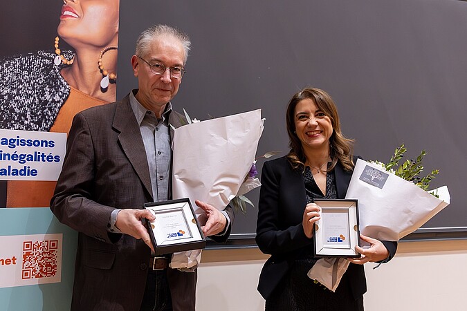 Michel Barrot et Ipek Yalcin lors de la cérémonie de remise de prix par la Ligue contre le cancer le 17 décembre 2024. © Brigitte de Lécluse / Ligue contre le cancer