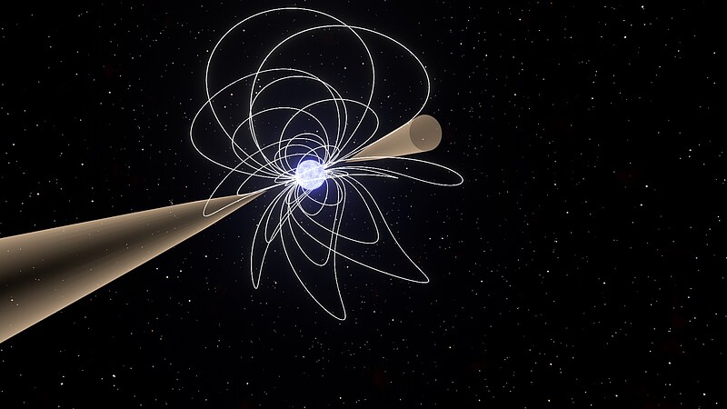 Représentation d’un magnétar en précession avec son champ magnétique torsadé et son faisceau radio pointant vers la Terre. © Gregory Desvignes / MPIfR 