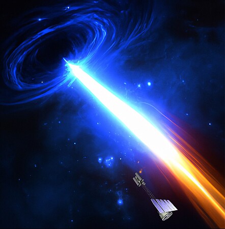Représentation d'artiste du satellite IXPE fixant le cœur d'un trou noir géant. Crédit Nasa/Asi