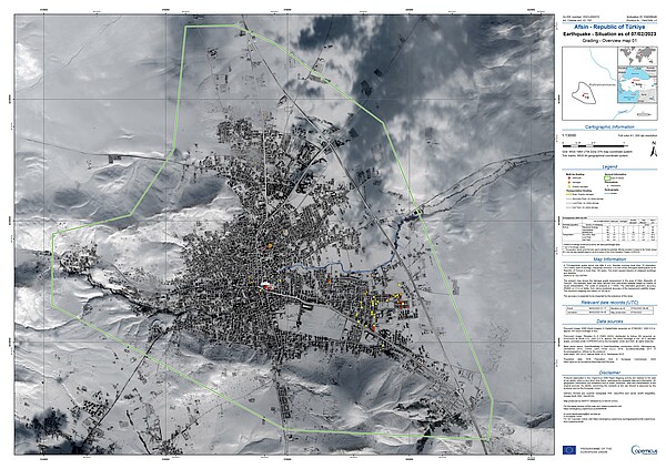 Première carte produite par le Sertit, mardi 7 février au soir, à partir des données satellites obtenues et triées : vue d'Afsin (Turquie) au 1:13000e. Crédit : Copernicus EMS RM